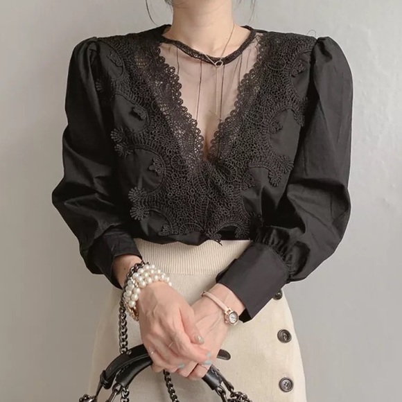 Black lace blouse mesh puff sleeve long sleeve shirt womens - Picture 5 of 5